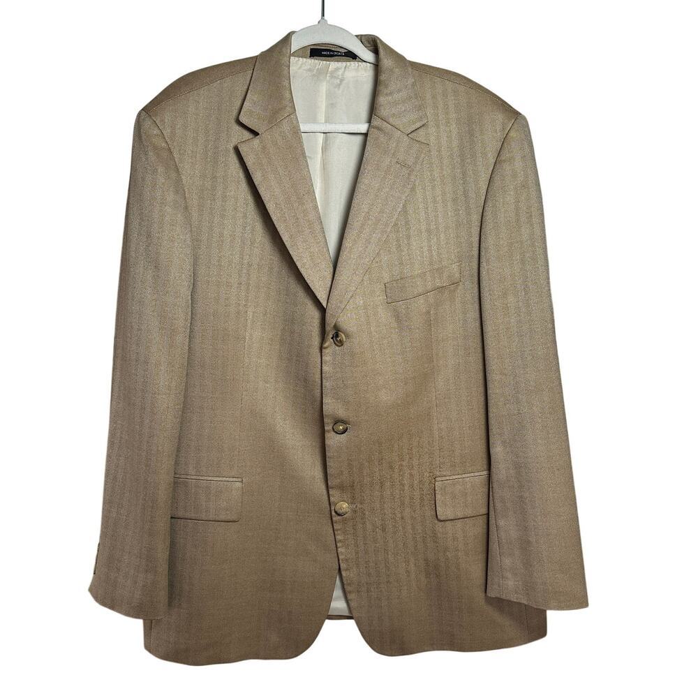 Hugo Boss Silk Wool Blazer Tan Herringbone Sport Coat Mens Tailored Jacket 50R
